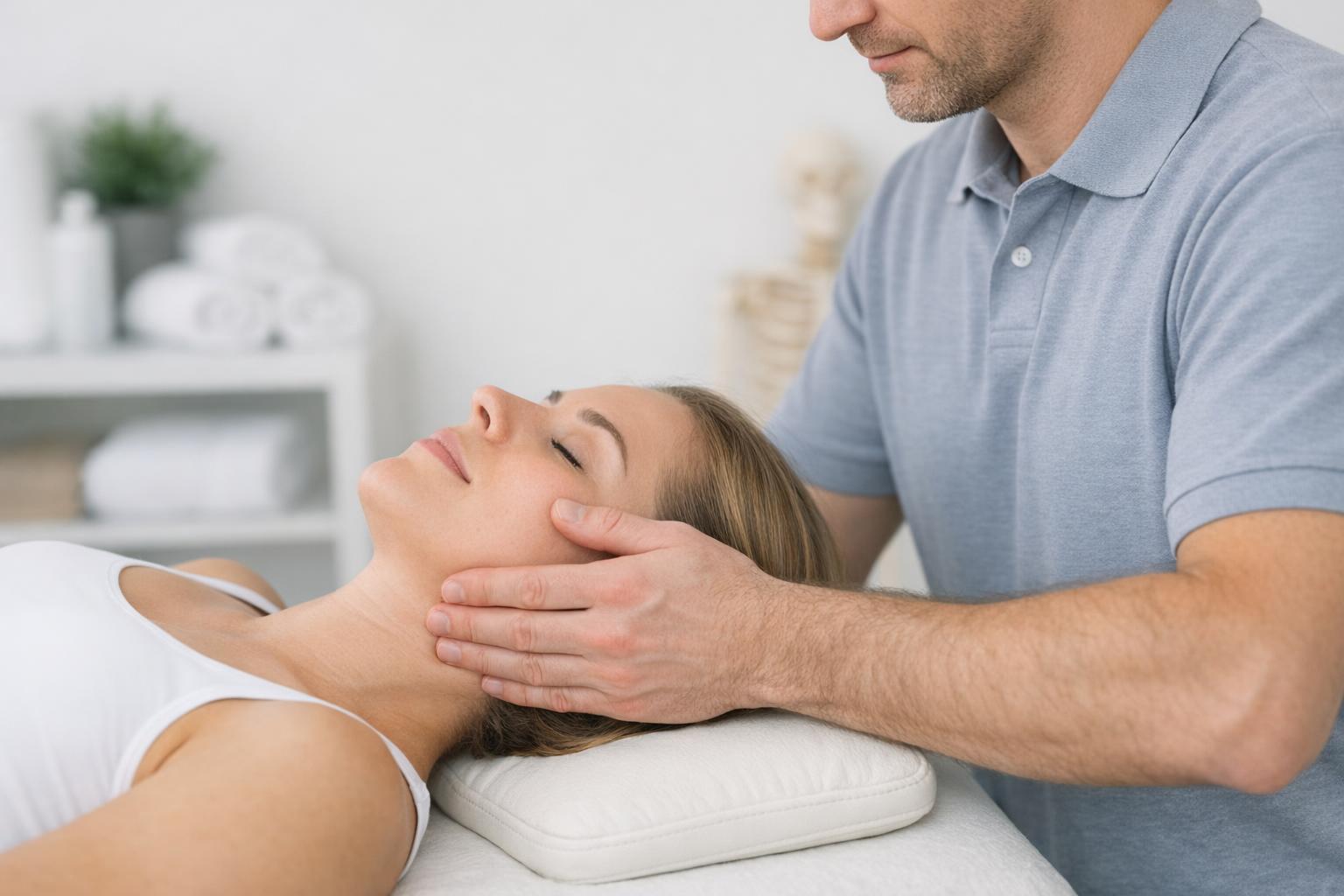 Zdjęcie: terapeuta wykonujący palpację stawu skroniowo-żuchwowego