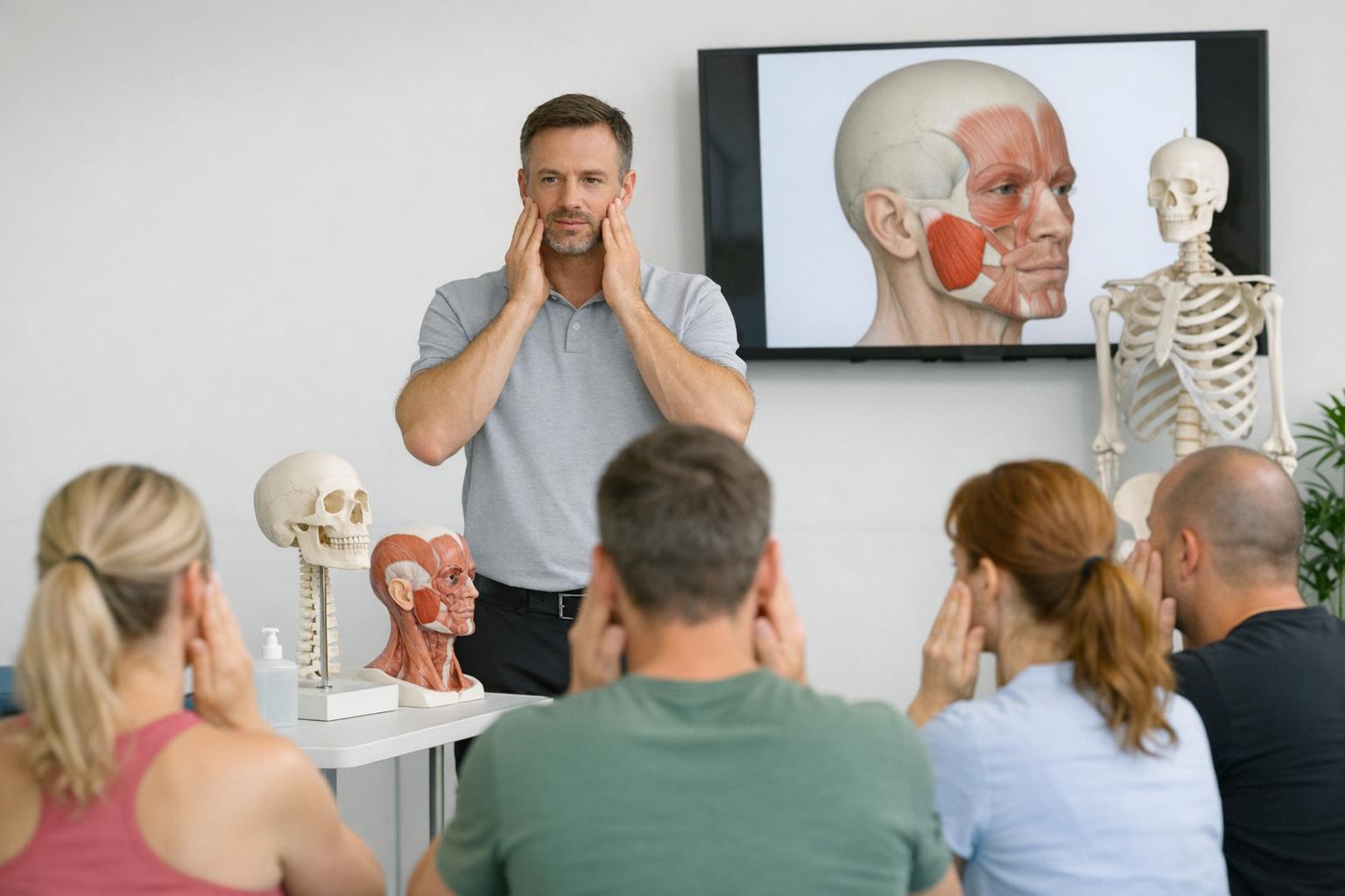 Zdjęcie: terapeuta prowadzi warsztat dla kursantów dotyczący ćwiczeń żwacza