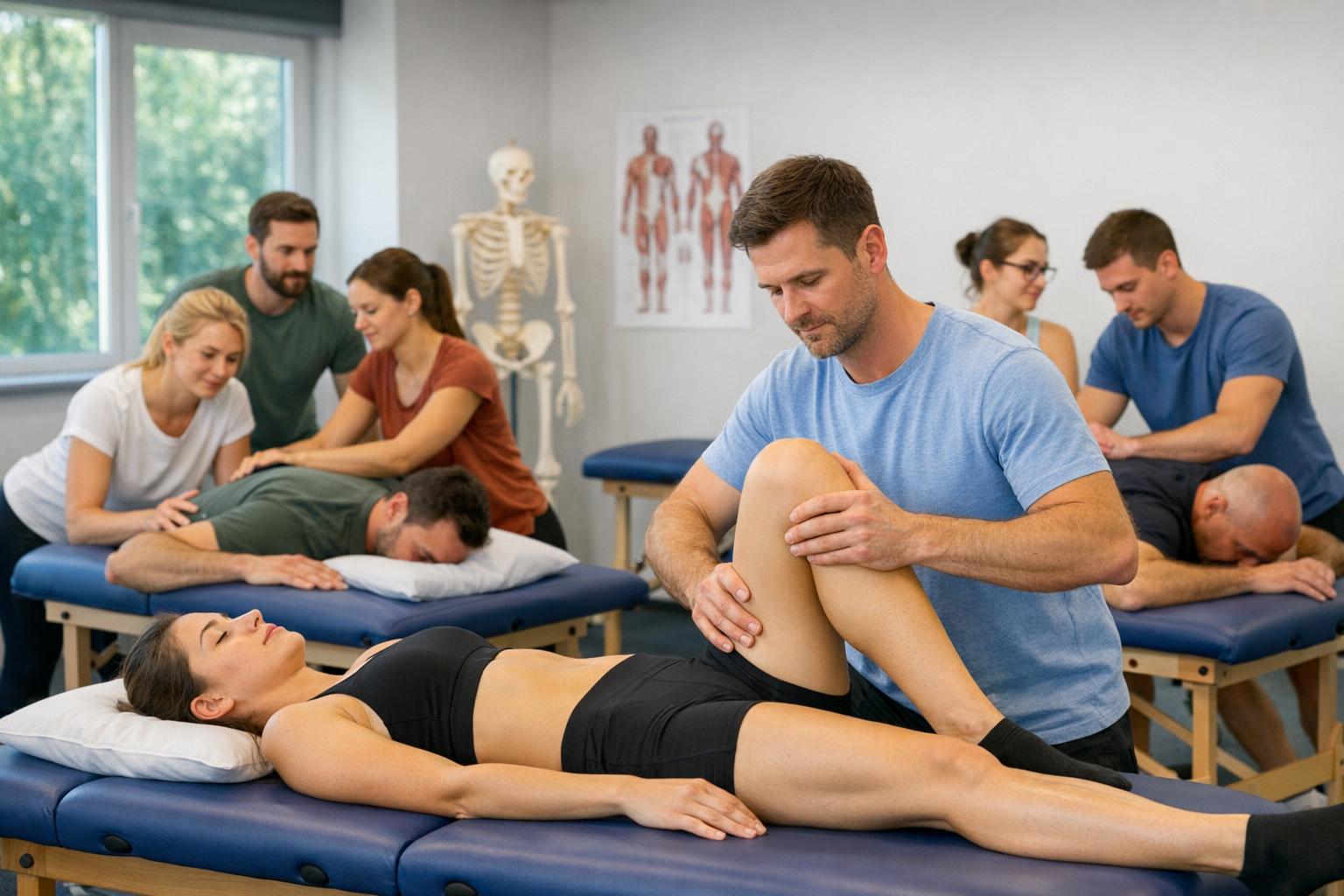 Grupa uczestników podczas ćwiczeń praktycznych na kursie fizjoterapii w Poznaniu