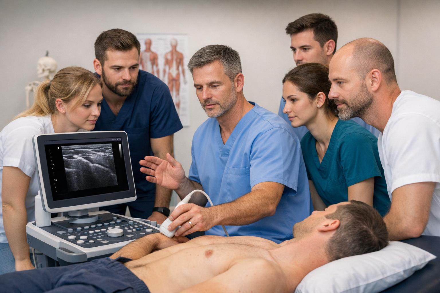 zespół fizjoterapeutów podczas szkolenia praktycznego z ultrasonografii